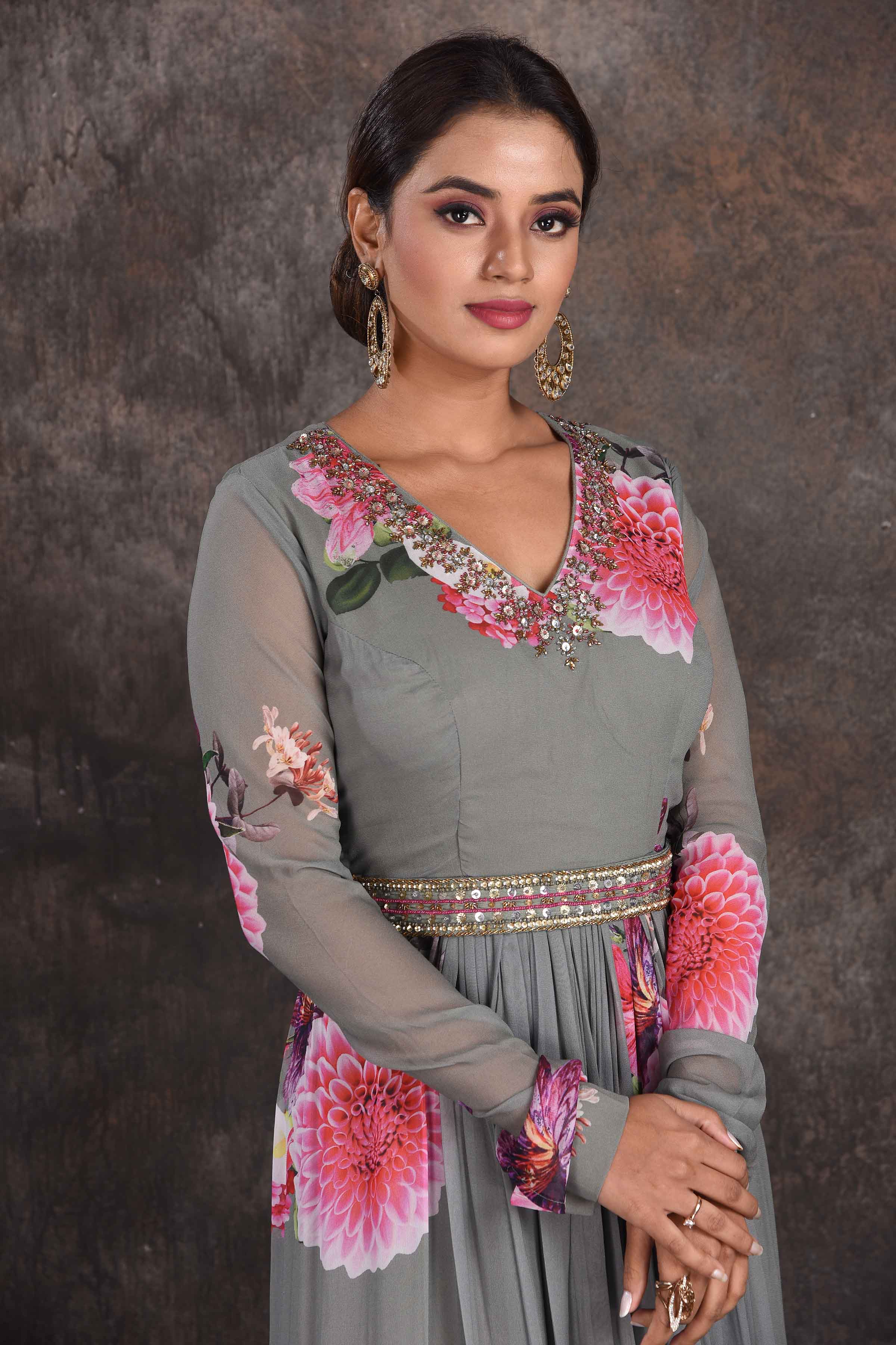 Shop beautiful grey floral floorlength Anarkali online in USA with dupatta. Be the star of the occasion in this stylish designer lehengas, designer gowns, Indowestern dresses, Anarkali suits, sharara suits from Pure Elegance Indian fashion store in USA.-closeup