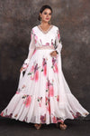 Shop white floral floorlength Anarkali online in USA with dupatta. Be the star of the occasion in this stylish designer lehengas, designer gowns, Indowestern dresses, Anarkali suits, sharara suits from Pure Elegance Indian fashion store in USA.-full view