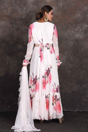 Shop white floral floorlength Anarkali online in USA with dupatta. Be the star of the occasion in this stylish designer lehengas, designer gowns, Indowestern dresses, Anarkali suits, sharara suits from Pure Elegance Indian fashion store in USA.-back