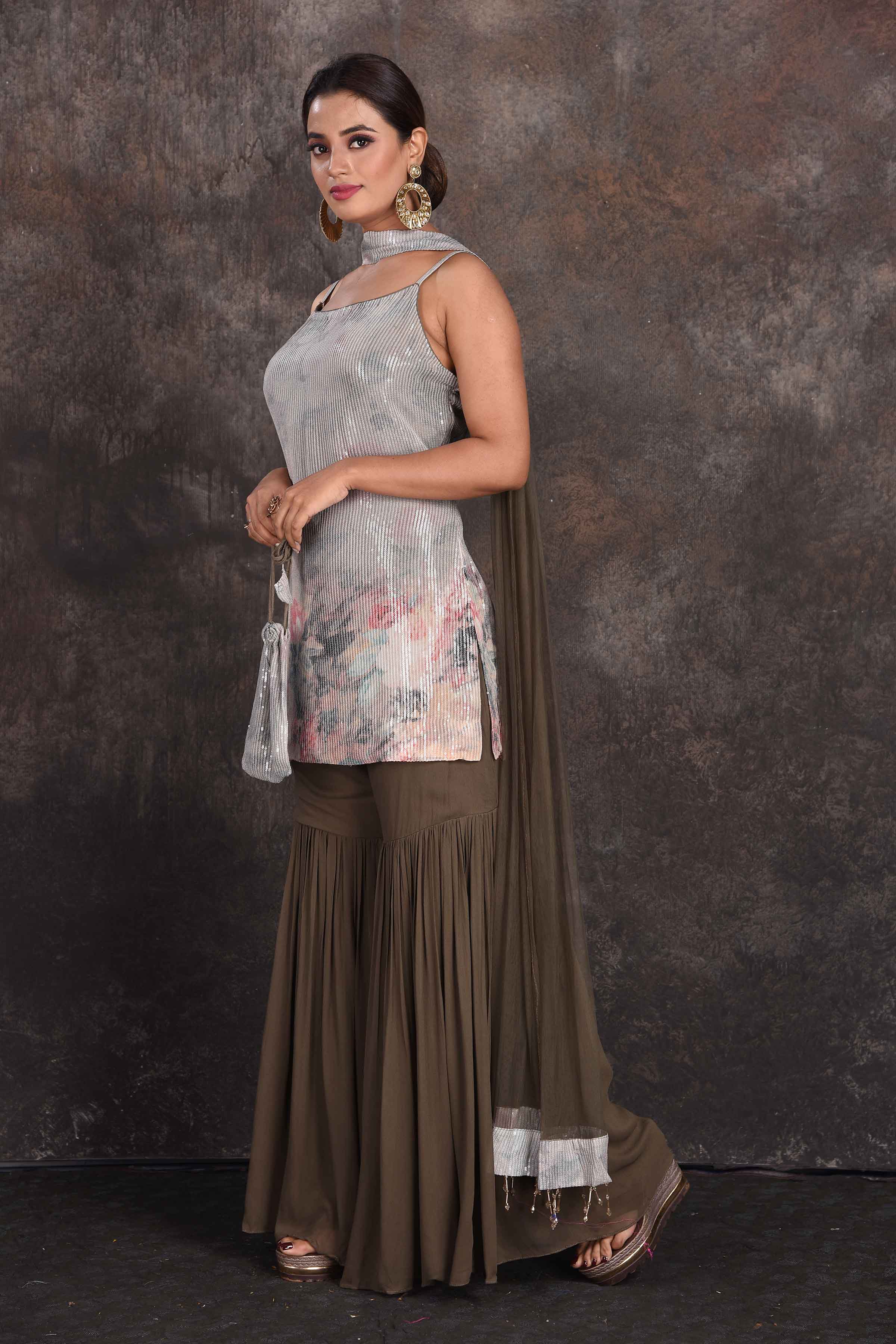 Buy beautiful brown and grey sequin work gharara suit online in USA with dupatta. Be the star of the occasion in this stylish designer lehengas, designer gowns, Indowestern dresses, Anarkali suits, sharara suits from Pure Elegance Indian fashion store in USA.-left