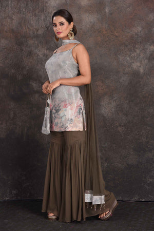 Buy beautiful brown and grey sequin work gharara suit online in USA with dupatta. Be the star of the occasion in this stylish designer lehengas, designer gowns, Indowestern dresses, Anarkali suits, sharara suits from Pure Elegance Indian fashion store in USA.-left