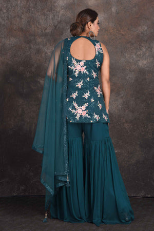 Buy stunning green sequin work gharara suit online in USA with dupatta. Be the star of the occasion in this stylish designer lehengas, designer gowns, Indowestern dresses, Anarkali suits, sharara suits from Pure Elegance Indian fashion store in USA.-back