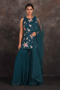 Buy stunning green sequin work gharara suit online in USA with dupatta. Be the star of the occasion in this stylish designer lehengas, designer gowns, Indowestern dresses, Anarkali suits, sharara suits from Pure Elegance Indian fashion store in USA.-full view