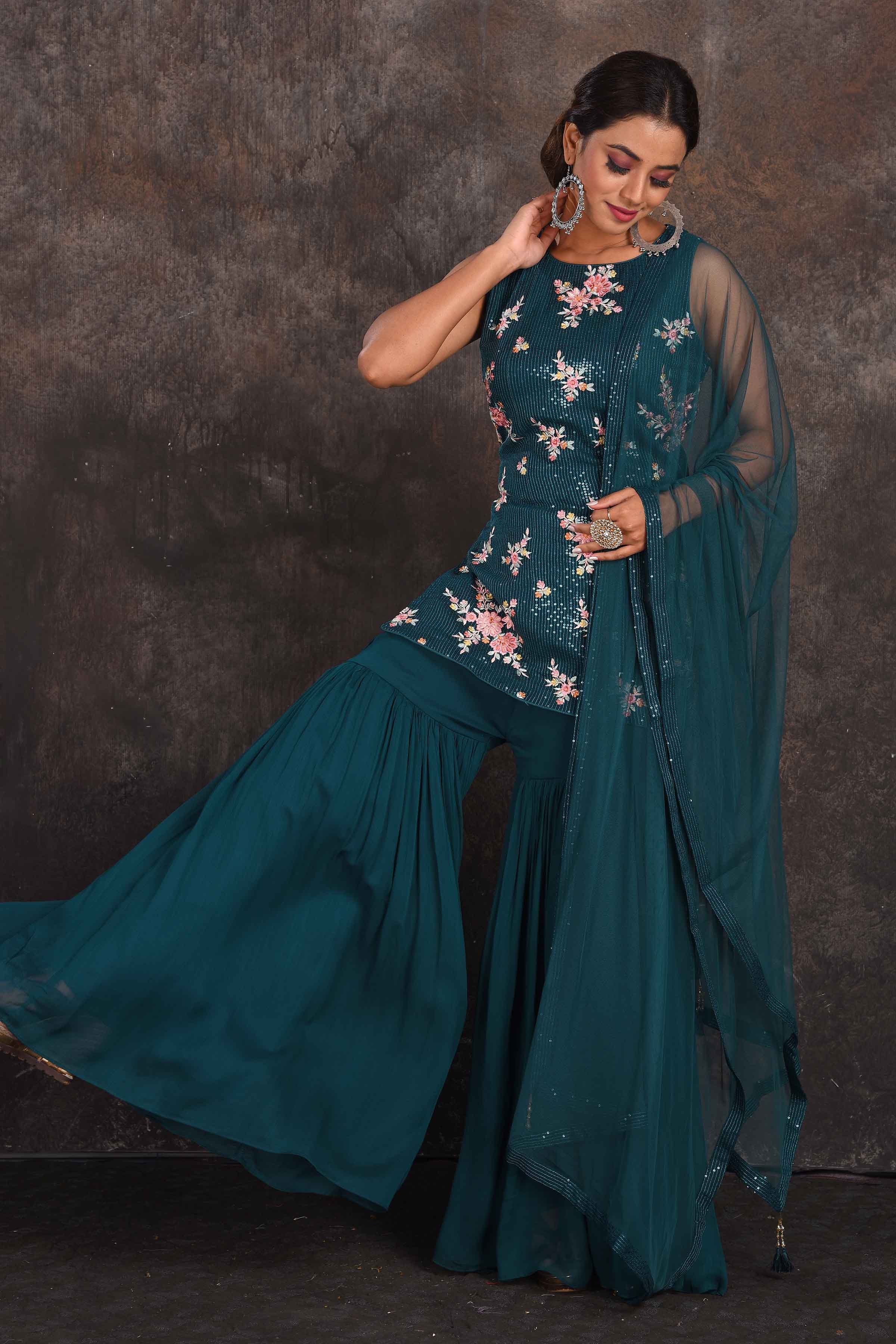 Buy stunning green sequin work gharara suit online in USA with dupatta. Be the star of the occasion in this stylish designer lehengas, designer gowns, Indowestern dresses, Anarkali suits, sharara suits from Pure Elegance Indian fashion store in USA.-side