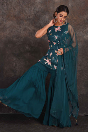 Buy stunning green sequin work gharara suit online in USA with dupatta. Be the star of the occasion in this stylish designer lehengas, designer gowns, Indowestern dresses, Anarkali suits, sharara suits from Pure Elegance Indian fashion store in USA.-side