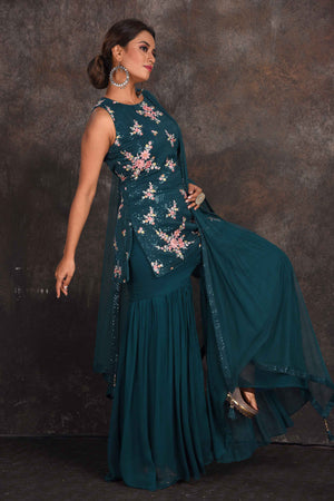 Buy stunning green sequin work gharara suit online in USA with dupatta. Be the star of the occasion in this stylish designer lehengas, designer gowns, Indowestern dresses, Anarkali suits, sharara suits from Pure Elegance Indian fashion store in USA.-right