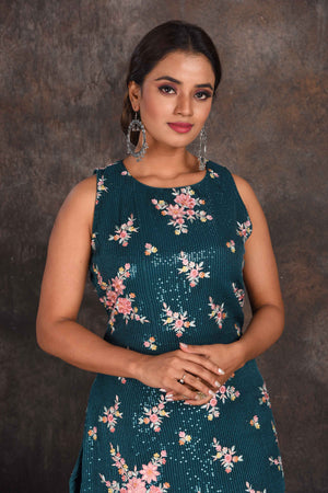 Buy stunning green sequin work gharara suit online in USA with dupatta. Be the star of the occasion in this stylish designer lehengas, designer gowns, Indowestern dresses, Anarkali suits, sharara suits from Pure Elegance Indian fashion store in USA.-closeup