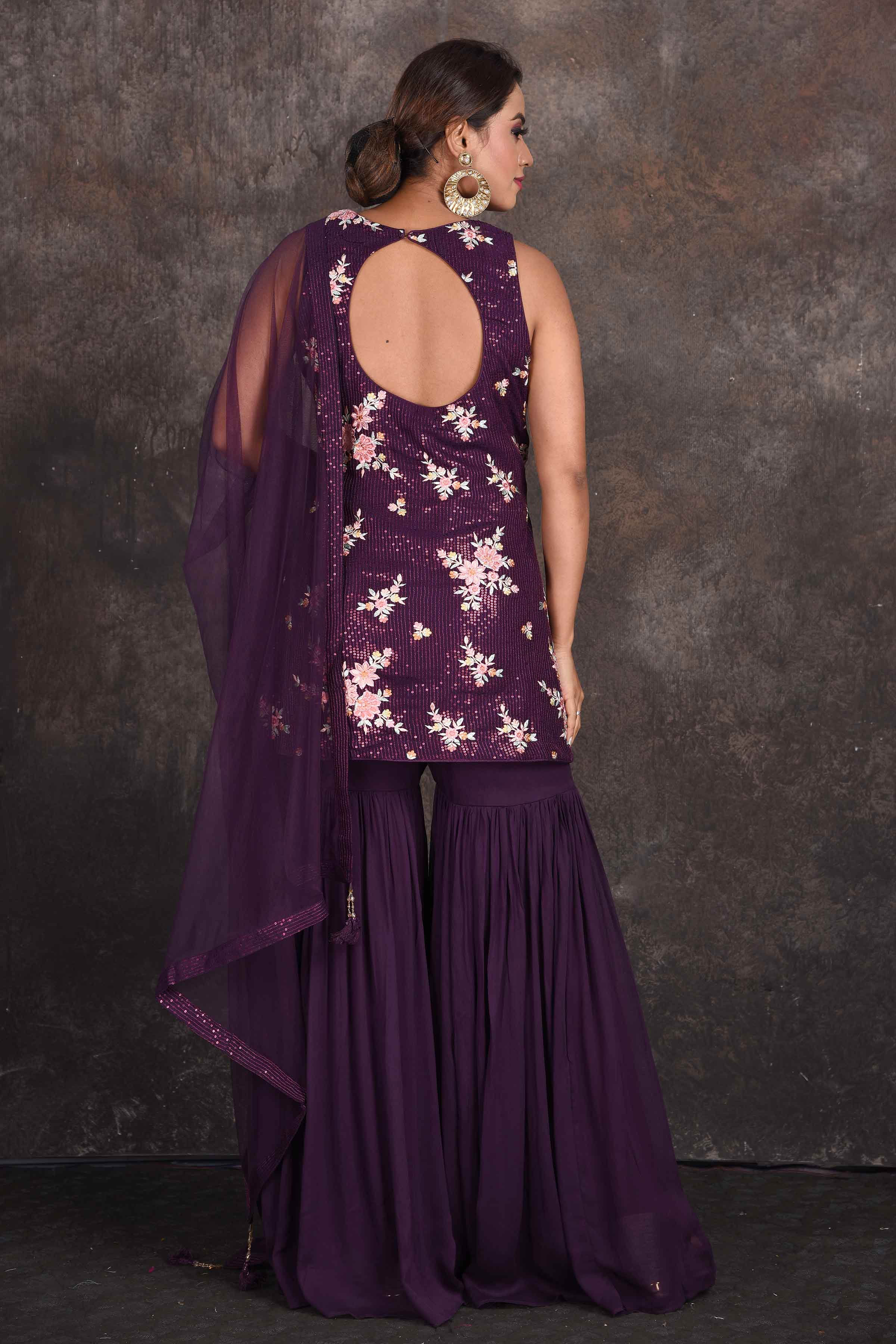Buy beautiful purple sequin work gharara suit online in USA with dupatta. Be the star of the occasion in this stylish designer lehengas, designer gowns, Indowestern dresses, Anarkali suits, sharara suits from Pure Elegance Indian fashion store in USA.-back