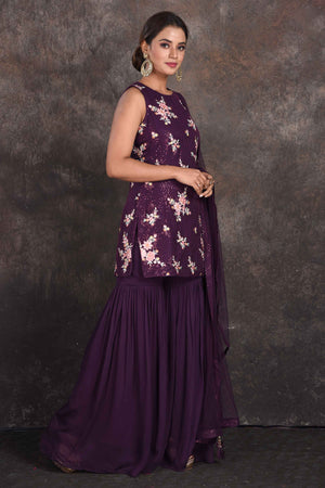 Buy beautiful purple sequin work gharara suit online in USA with dupatta. Be the star of the occasion in this stylish designer lehengas, designer gowns, Indowestern dresses, Anarkali suits, sharara suits from Pure Elegance Indian fashion store in USA.-side