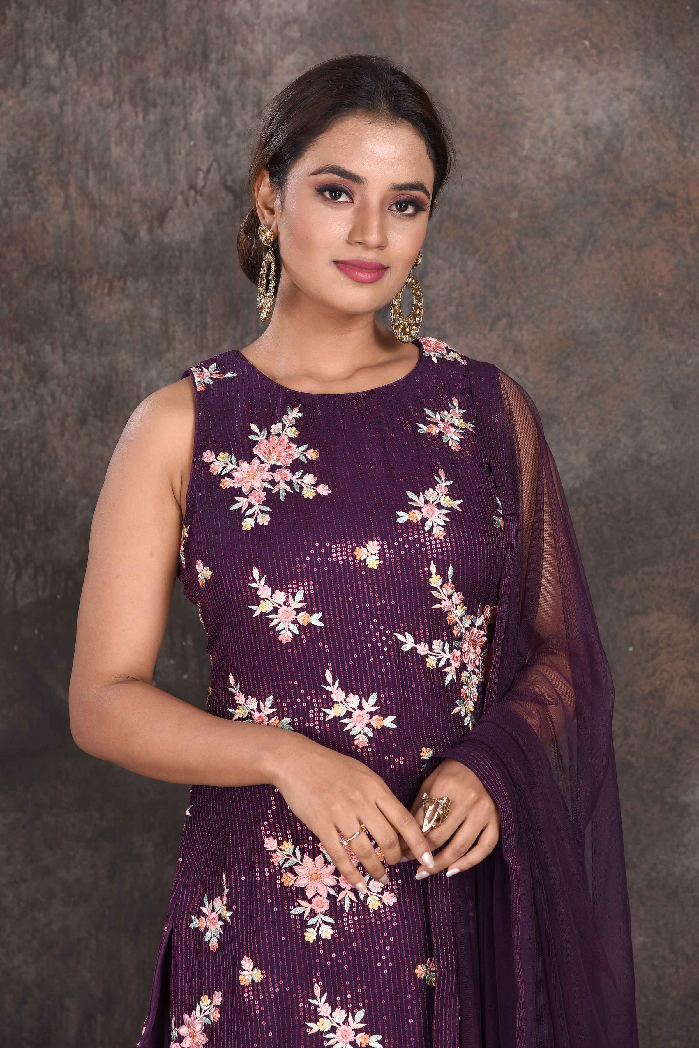 Buy beautiful purple sequin work gharara suit online in USA with dupatta. Be the star of the occasion in this stylish designer lehengas, designer gowns, Indowestern dresses, Anarkali suits, sharara suits from Pure Elegance Indian fashion store in USA.-closeup