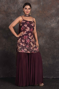 Buy beautiful wine color embellished floral gharara suit online in USA with dupatta. Be the star of the occasion in this stylish designer lehengas, designer gowns, Indowestern dresses, Anarkali suits, sharara suits from Pure Elegance Indian fashion store in USA.-full view