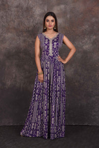 Shop stunning purple printed embellished jumpsuit online in USA. Be the star of the occasion in this stylish designer lehengas, designer gowns, Indowestern dresses, Anarkali suits, sharara suits from Pure Elegance Indian fashion store in USA.-full view