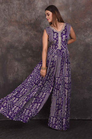 Shop stunning purple printed embellished jumpsuit online in USA. Be the star of the occasion in this stylish designer lehengas, designer gowns, Indowestern dresses, Anarkali suits, sharara suits from Pure Elegance Indian fashion store in USA.-front