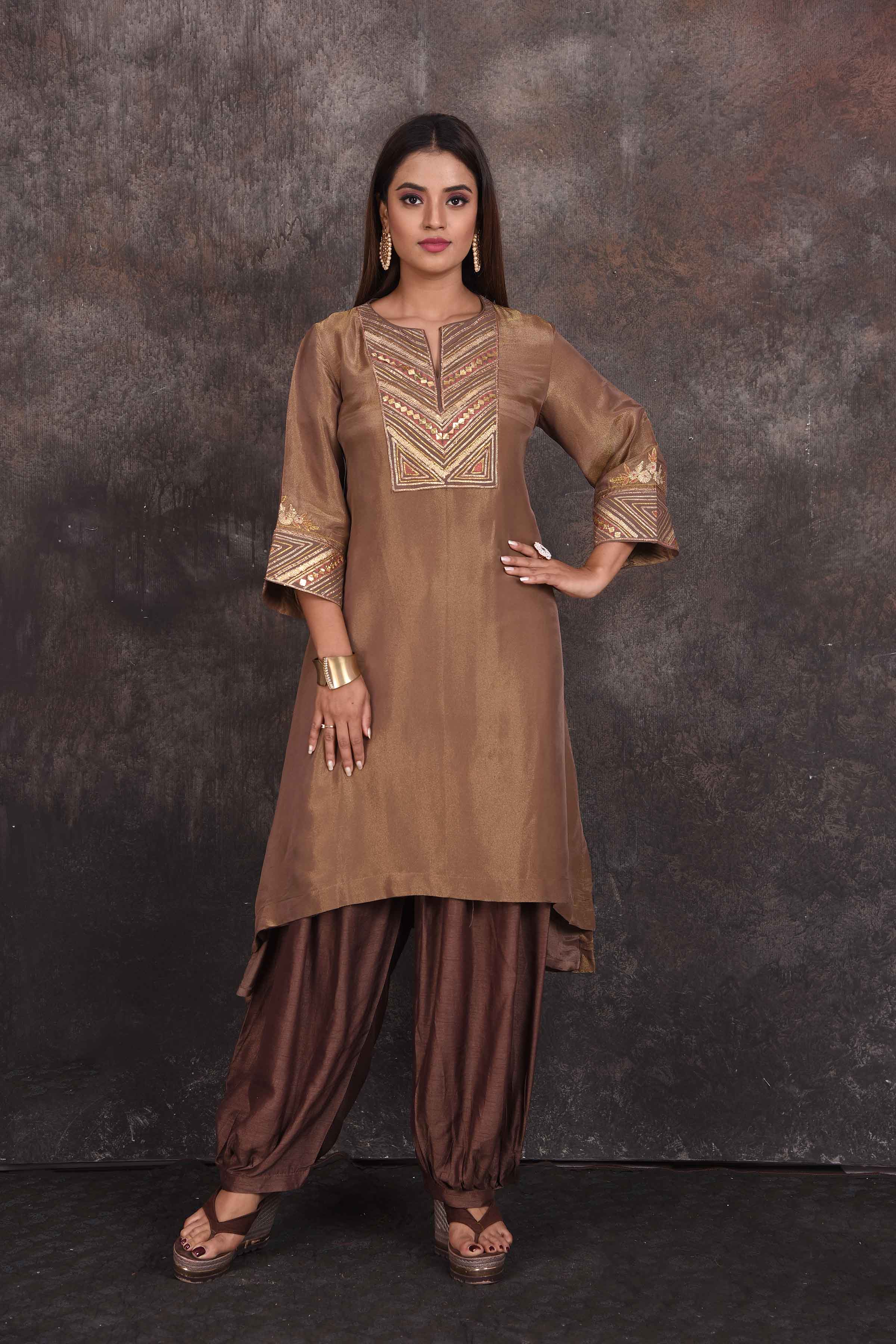 Shop stunning brown emrboidered salwar suit online in USA. Be the star of the occasion in this stylish designer lehengas, designer gowns, Indowestern dresses, Anarkali suits, sharara suits from Pure Elegance Indian fashion store in USA.-full view