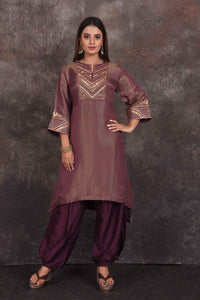 Buy beautiful golden purple embroidered salwar suit online in USA. Be the star of the occasion in this stylish designer lehengas, designer gowns, Indowestern dresses, Anarkali suits, sharara suits from Pure Elegance Indian fashion store in USA.-full view