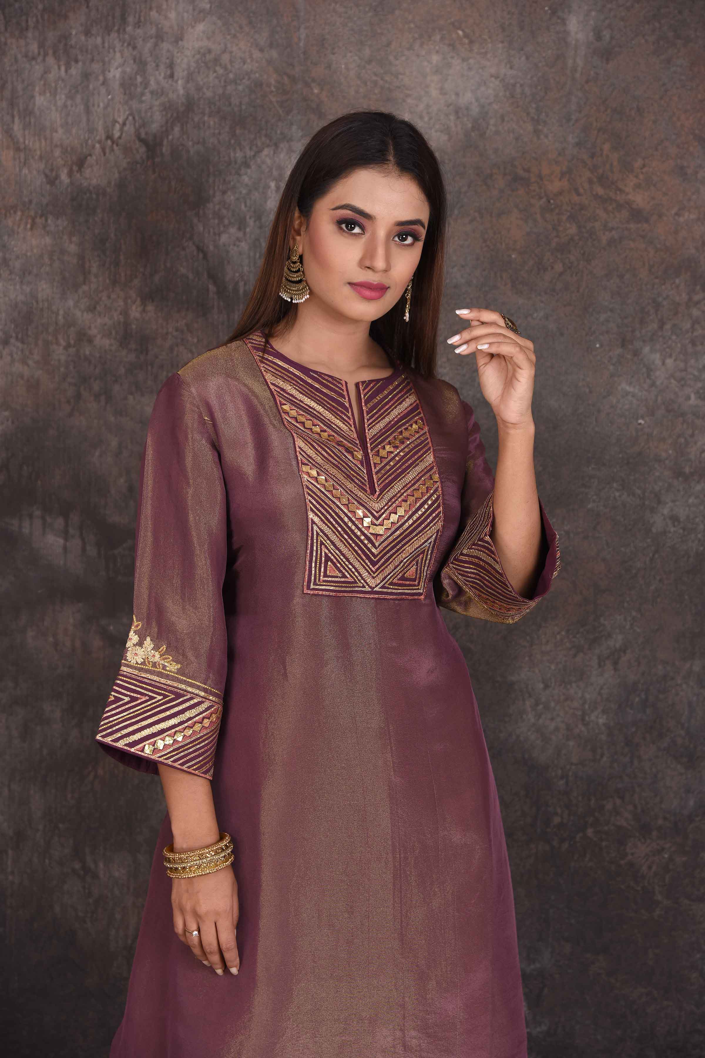 Buy beautiful golden purple embroidered salwar suit online in USA. Be the star of the occasion in this stylish designer lehengas, designer gowns, Indowestern dresses, Anarkali suits, sharara suits from Pure Elegance Indian fashion store in USA.-closeup