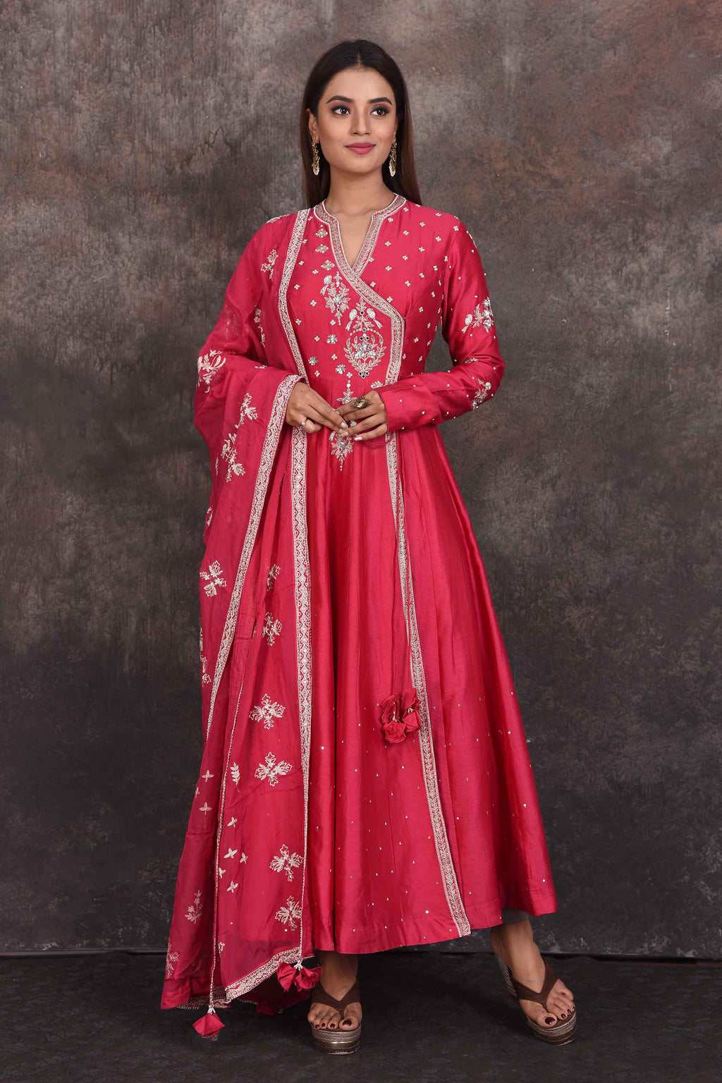 Shop bright pink embroidered Anarkali suit online in USA with dupatta. Be the star of the occasion in this stylish designer lehengas, designer gowns, Indowestern dresses, Anarkali suits, sharara suits from Pure Elegance Indian fashion store in USA.-full view