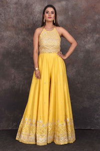 Buy stunning yellow embroidered halter neck jumpsuit online in USA. Be the star of the occasion in this stylish designer lehengas, designer gowns, Indowestern dresses, Anarkali suits, sharara suits from Pure Elegance Indian fashion store in USA.-full view