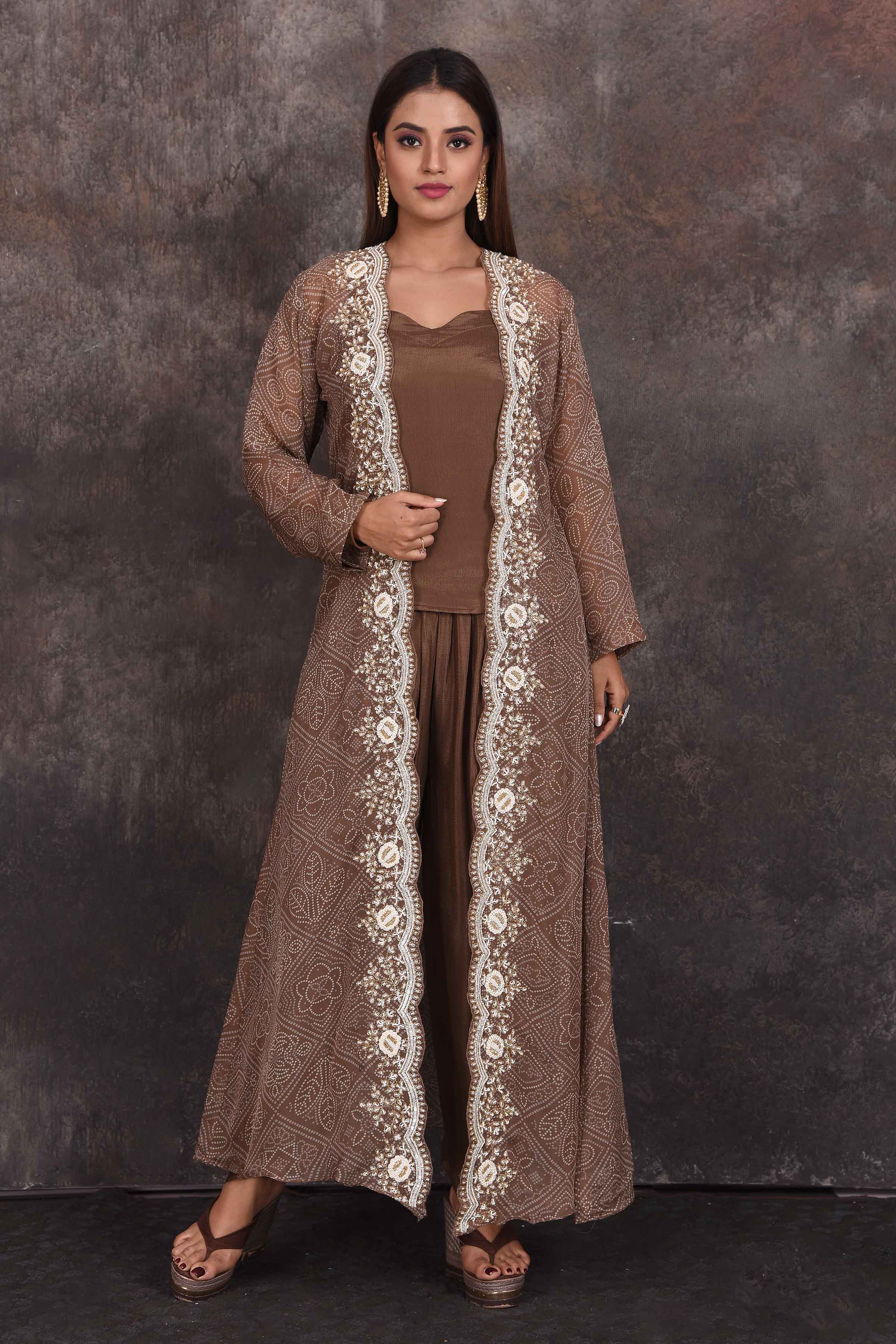 Buy beautiful brown salwar suit online in USA with embroidered jacket. Be the star of the occasion in this stylish designer lehengas, designer gowns, Indowestern dresses, Anarkali suits, sharara suits from Pure Elegance Indian fashion store in USA.-full view