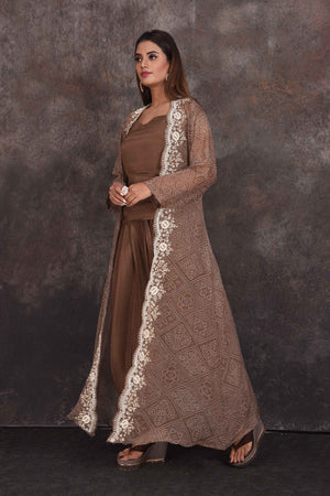 Buy beautiful brown salwar suit online in USA with embroidered jacket. Be the star of the occasion in this stylish designer lehengas, designer gowns, Indowestern dresses, Anarkali suits, sharara suits from Pure Elegance Indian fashion store in USA.-left