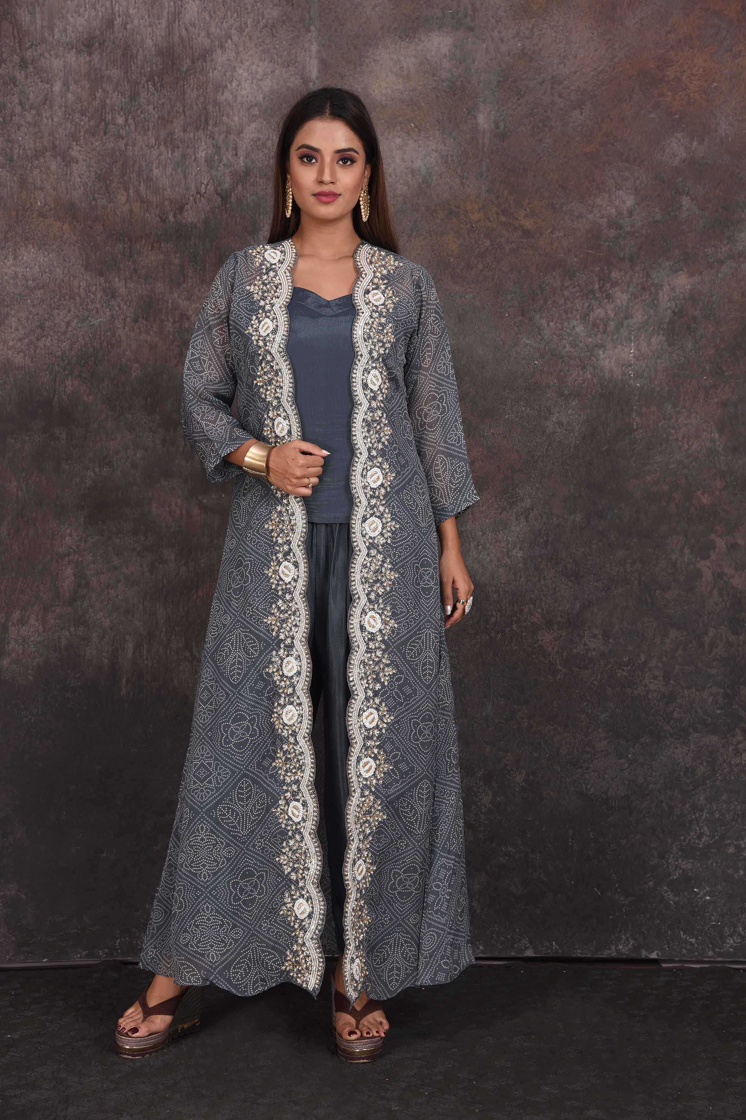 Buy stunning grey salwar suit online in USA with embroidered jacket. Be the star of the occasion in this stylish designer lehengas, designer gowns, Indowestern dresses, Anarkali suits, sharara suits from Pure Elegance Indian fashion store in USA.-full view