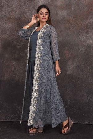 Buy stunning grey salwar suit online in USA with embroidered jacket. Be the star of the occasion in this stylish designer lehengas, designer gowns, Indowestern dresses, Anarkali suits, sharara suits from Pure Elegance Indian fashion store in USA.-side