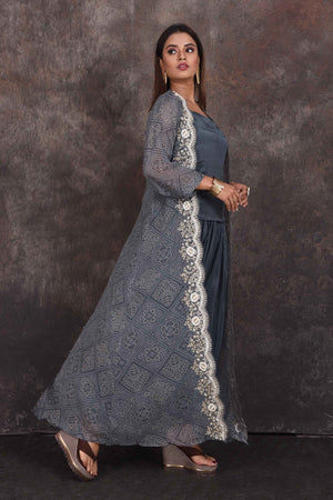 Buy stunning grey salwar suit online in USA with embroidered jacket. Be the star of the occasion in this stylish designer lehengas, designer gowns, Indowestern dresses, Anarkali suits, sharara suits from Pure Elegance Indian fashion store in USA.-right