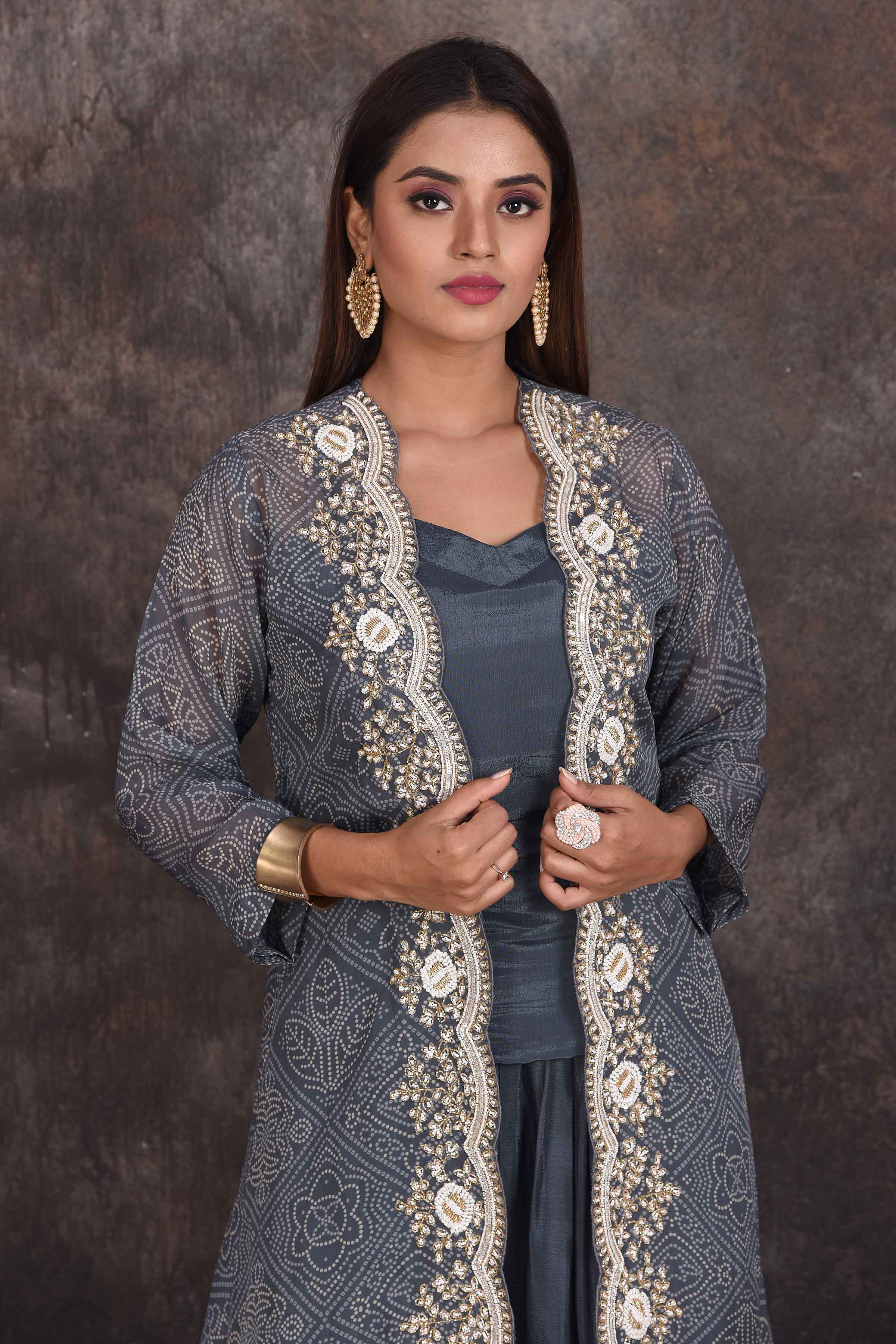 Buy stunning grey salwar suit online in USA with embroidered jacket. Be the star of the occasion in this stylish designer lehengas, designer gowns, Indowestern dresses, Anarkali suits, sharara suits from Pure Elegance Indian fashion store in USA.-closeup