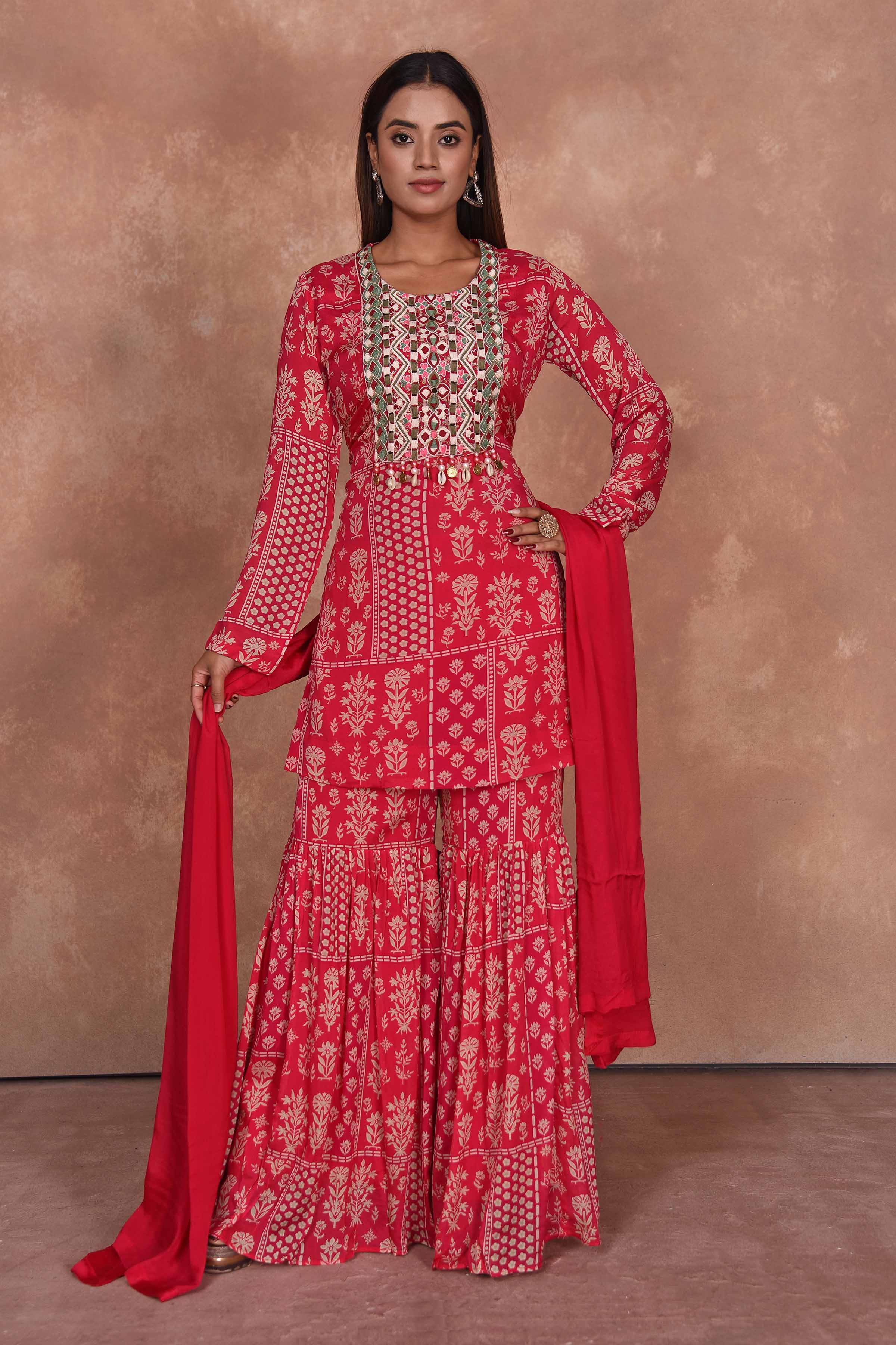 Buy red printed and embroidered sharara suit online in USA with dupatta. Dazzle on weddings and special occasions with exquisite Indian designer dresses, embroidered sarees, partywear sarees, Bollywood sarees, handloom sarees, designer lehenga, Anarkali suits from Pure Elegance Indian clothing store in USA.-full view