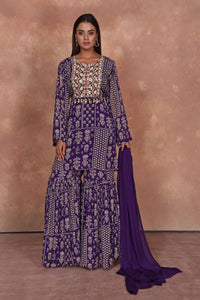 Shop purple printed and embroidered sharara suit online in USA with dupatta. Dazzle on weddings and special occasions with exquisite Indian designer dresses, embroidered sarees, partywear sarees, Bollywood sarees, handloom sarees, designer lehenga, Anarkali suits from Pure Elegance Indian clothing store in USA.-full view