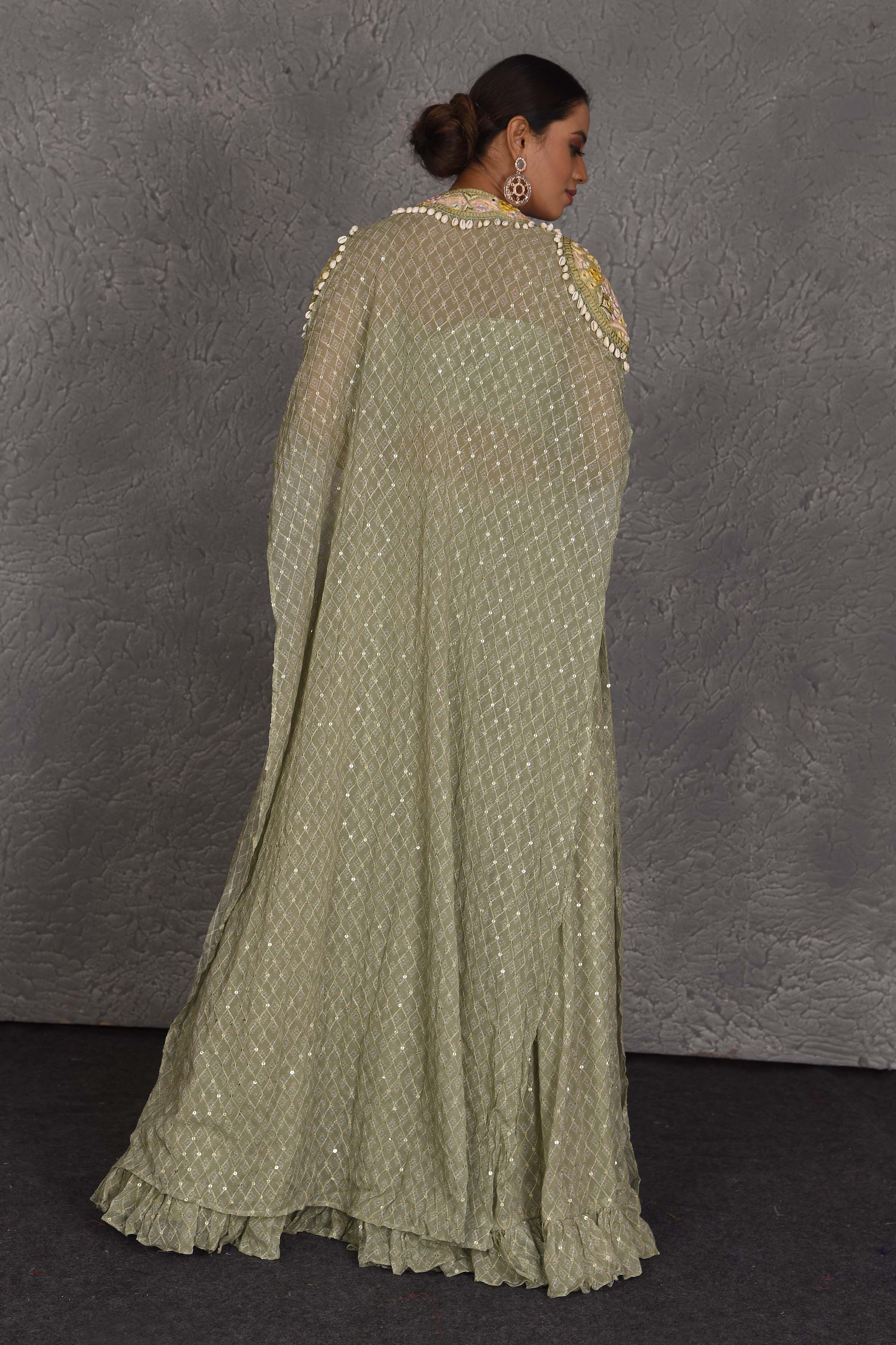 503358 Sage Green Embroidered Sharara Pants with Embroidered Cape