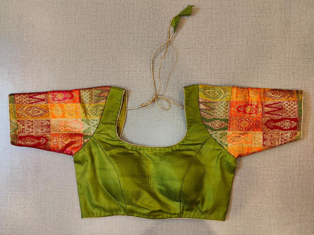 Buy mehendi green saree blouse online in USA with Banarasi sleeves. Elevate your Indian saree style with exquisite readymade sari blouse, embroidered saree blouses, Banarasi saree blouse, designer sari blouse, choli-cut blouses from Pure Elegance Indian clothing store in USA.-full view