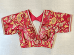 Buy blood red Kalamkari saree blouse online in USA with sequin lace. Elevate your saree style with exquisite readymade saree blouses, embroidered saree blouses, Banarasi saree blouse, designer saree blouse, choli-cut blouses, corset blouses from Pure Elegance Indian clothing store in USA.-full view