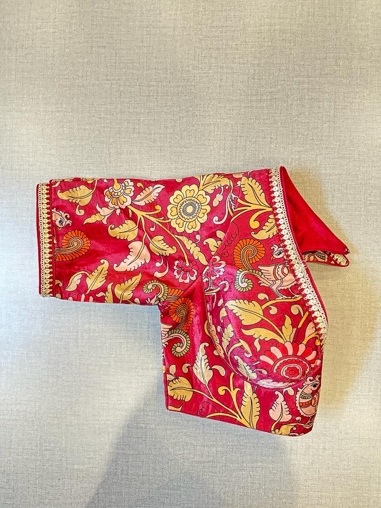 Buy blood red Kalamkari saree blouse online in USA with sequin lace. Elevate your saree style with exquisite readymade saree blouses, embroidered saree blouses, Banarasi saree blouse, designer saree blouse, choli-cut blouses, corset blouses from Pure Elegance Indian clothing store in USA.-side