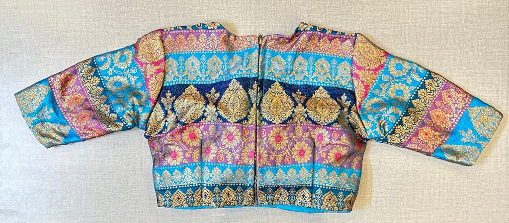 Buy stunning blue multicolor Banarasi saree blouse online in USA. Elevate your saree style with exquisite readymade saree blouses, embroidered saree blouses, Banarasi saree blouse, designer saree blouse, choli-cut blouses, corset blouses from Pure Elegance Indian clothing store in USA.-back