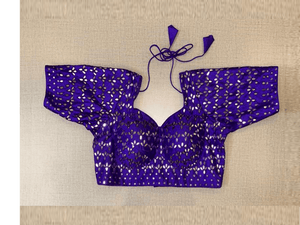 Buy royal blue mirror work choli-cut saree blouse online in USA. Elevate your saree style with exquisite readymade saree blouses, embroidered saree blouses, Banarasi saree blouse, designer saree blouse, choli-cut blouses, corset blouses from Pure Elegance Indian clothing store in USA.-full view