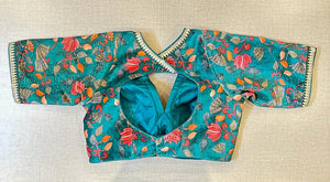 Buy sea green Kalamkari saree blouse online in USA with sequin lace. Elevate your saree style with exquisite readymade saree blouses, embroidered saree blouses, Banarasi saree blouse, designer saree blouse, choli-cut blouses, corset blouses from Pure Elegance Indian clothing store in USA.-back