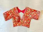 Buy beautiful bright red Kalamkari saree blouse online in USA with sequin lace. Elevate your saree style with exquisite readymade saree blouses, embroidered saree blouses, Banarasi saree blouse, designer saree blouse, choli-cut blouses, corset blouses from Pure Elegance Indian clothing store in USA.-full view