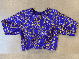 Buy beautiful royal blue saree blouse online in USA with golden embroidery. Elevate your saree style with exquisite readymade saree blouses, embroidered saree blouses, Banarasi saree blouse, designer saree blouse, choli-cut blouses, corset blouses from Pure Elegance Indian clothing store in USA.-full view