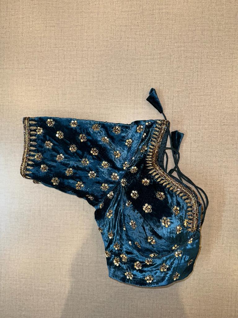 Shop dark blue embroidered velvet choli cut saree blouse online in USA. Elevate your saree style with exquisite readymade saree blouses, embroidered saree blouses, Banarasi saree blouse, designer saree blouse, choli-cut blouses, corset blouses from Pure Elegance Indian clothing store in USA.-sleeves
