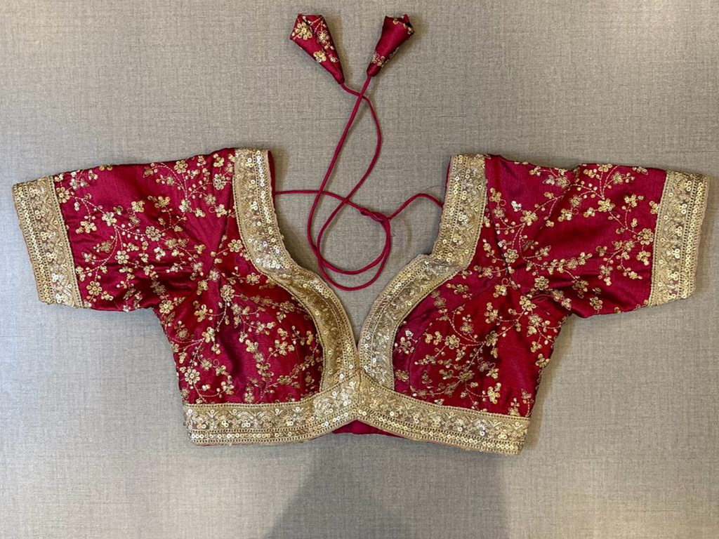 Shop maroon multicolor embroidered saree blouse online in USA with golden sequin lace. Elevate your saree style with exquisite readymade saree blouses, embroidered saree blouses, Banarasi sari blouse, designer saree blouse, choli-cut blouse, corset blouses from Pure Elegance Indian fashion store in USA.-full view
