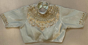50w480-RO  Grey High Neck Designer Saree Blouse With Embroidery