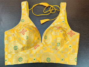 50X049-RO Yellow Sleeveless Readymade Benarasi Saree Blouse