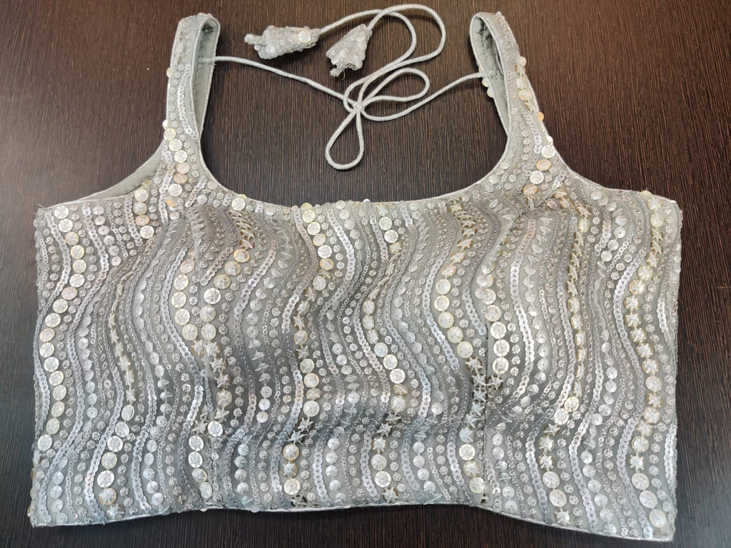 Buy Grey Embellished Designer Sleeveless Sari Blouse Online in USA-front