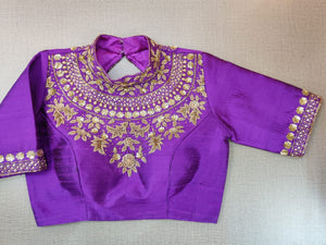 Buy stunning purple embroidered designer sari blouse online in USA. Elevate your Indian ethnic sari looks with exquisite readymade saree blouse, embroidered saree blouses, Banarasi sari blouse, designer saree blouse from Pure Elegance Indian clothing store in USA.-full view