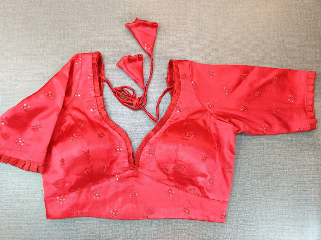 Shop stunning red embroidered readymade saree blouse online in USA. Elevate your Indian ethnic sari looks with exquisite readymade saree blouse, embroidered saree blouses, Banarasi sari blouse, designer saree blouse from Pure Elegance Indian clothing store in USA.-front