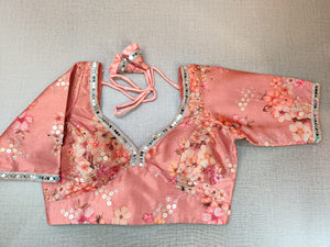 Shop beautiful dusty pink floral embroidery readymade saree blouse online in USA. Elevate your Indian ethnic sari looks with exquisite readymade saree blouse, embroidered saree blouses, Banarasi saree blouse, designer saree blouse from Pure Elegance Indian clothing store in USA.-front