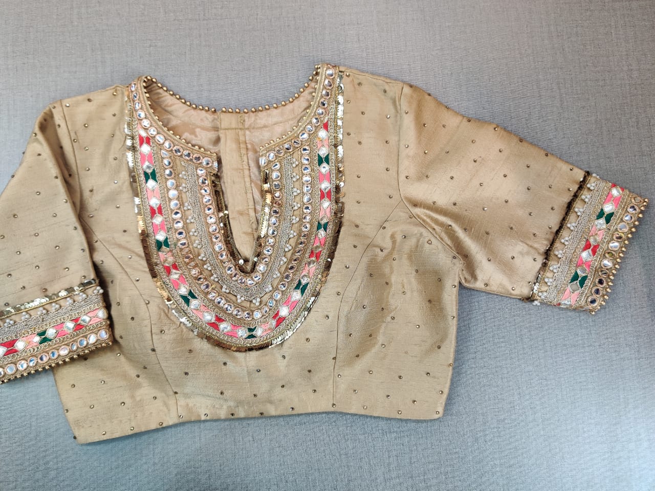 Buy Beige Embroidered Sari Blouse Online in USA with Mirror Work