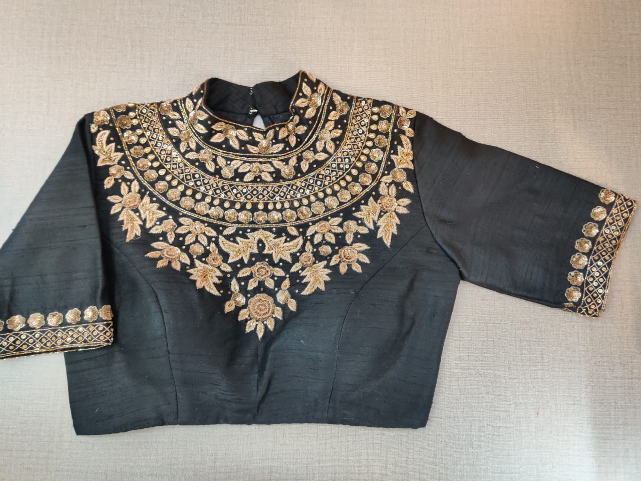 Shop stunning black embroidered designer saree blouse online in USA. Elevate your Indian ethnic sari looks with exquisite readymade saree blouse, embroidered saree blouses, Banarasi saree blouse, designer saree blouse from Pure Elegance Indian clothing store in USA-full view