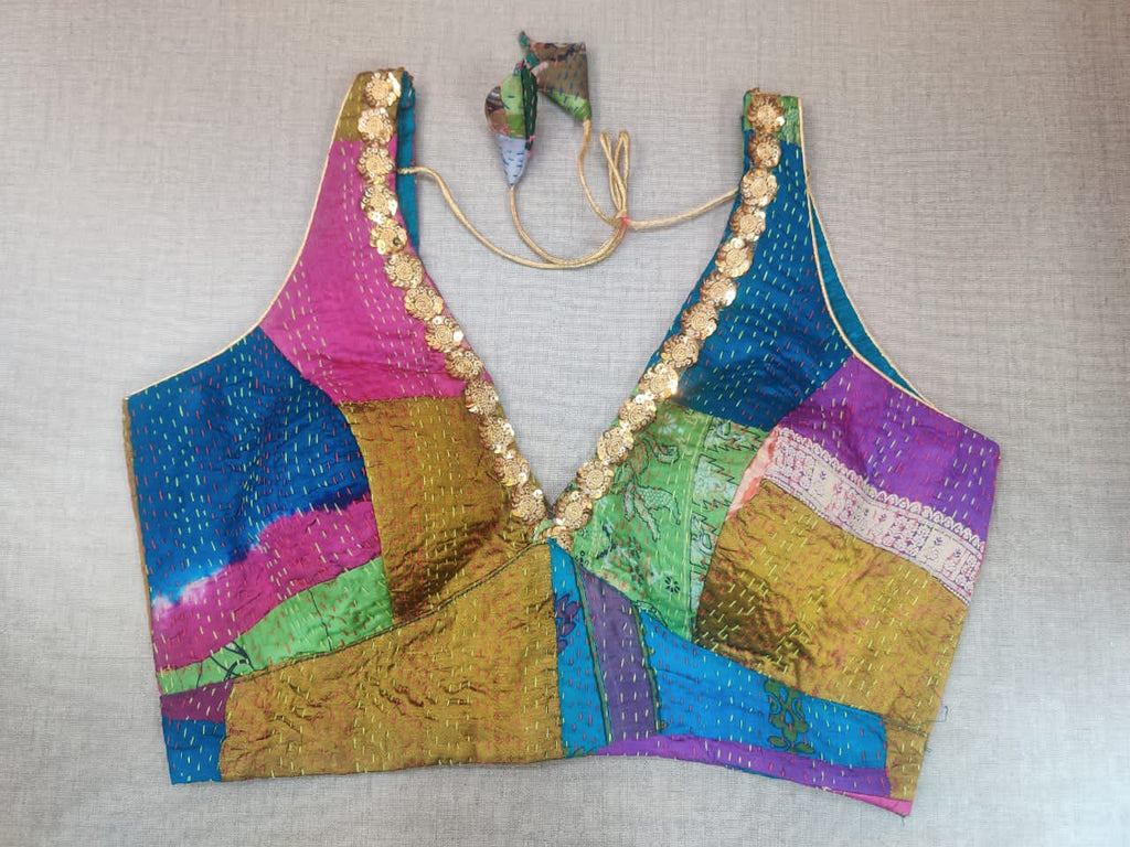 Shop beautiful multicolor patch Kantha stitch embroidered blouse online in USA. Elevate your Indian ethnic saree looks with beautiful readymade saree blouse, embroidered saree blouses, Banarasi saree blouse, designer sari blouse from Pure Elegance Indian fashion store in USA.-front